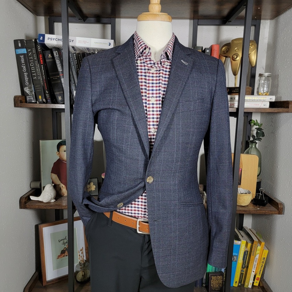 INDOCHINO Men's Sport‎ Coat Blazer Two Button Navy Blue Black Plaid Wool 39L